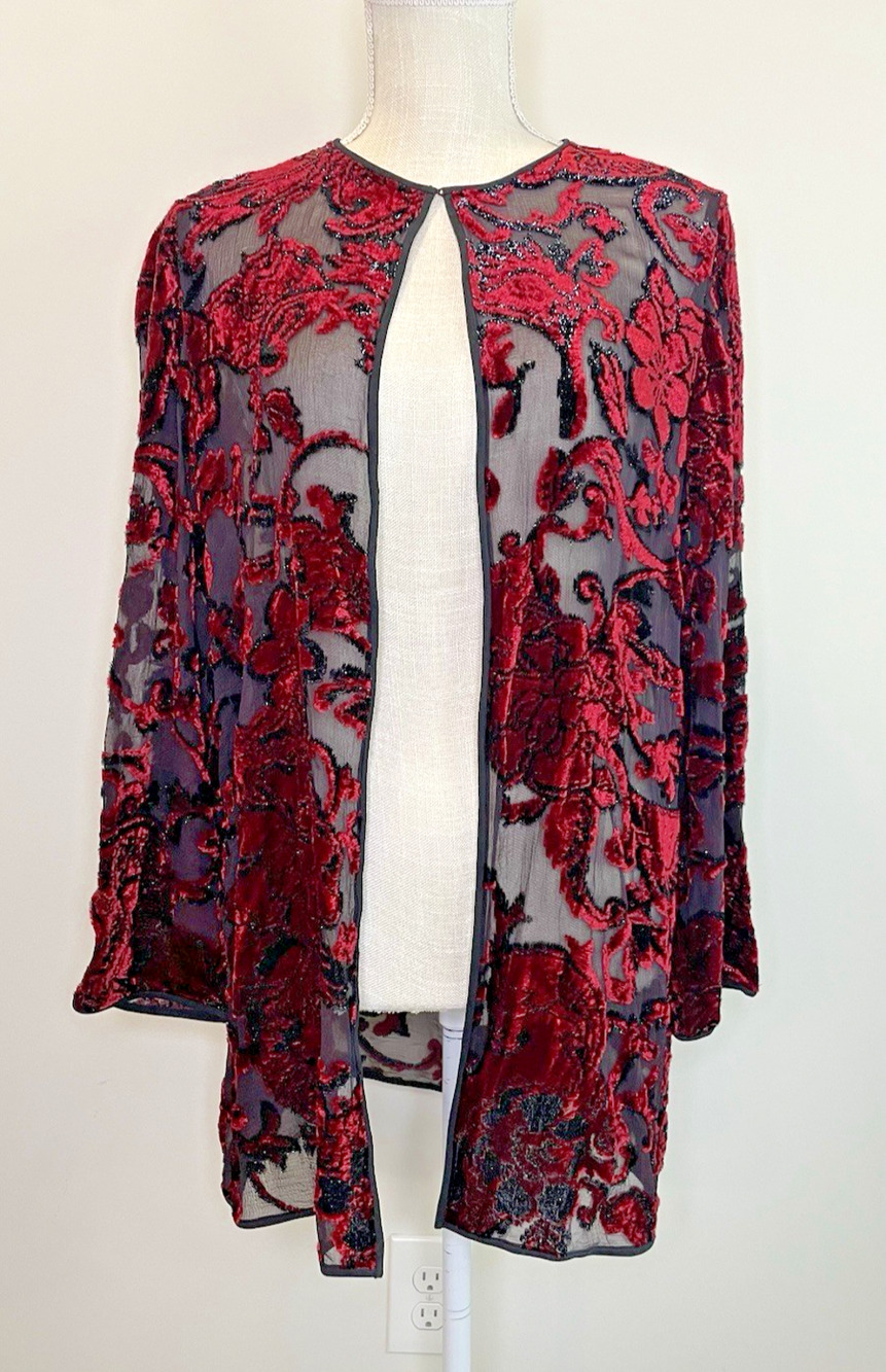 Vtg Kay Unger New York Velour Floral Silk Blend Mesh Fairy Cardigan Sweater 12